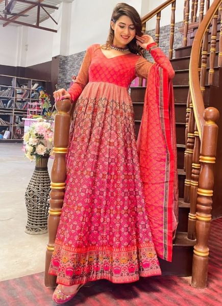 Magenta Chanderi Readymade Gown with Dupatta