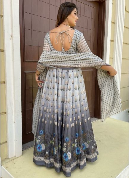 Light & Dark Gray Chanderi Readymade Gown with Dupatta