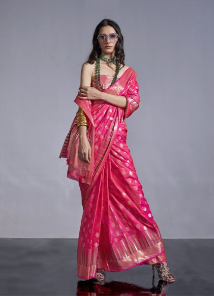 Dark Pink Woven Silk Handloom Saree For Traditional / Religious Occasions
