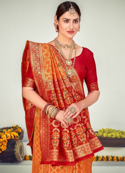 Orange Banarasi Silk Zari Weaving Saree