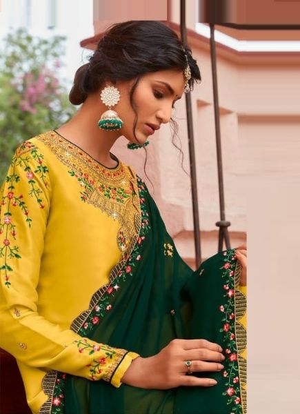 Light Mustard Yellow Georgette Satin Embroidered Party-Wear Sharara-Bottom Salwar Kameez