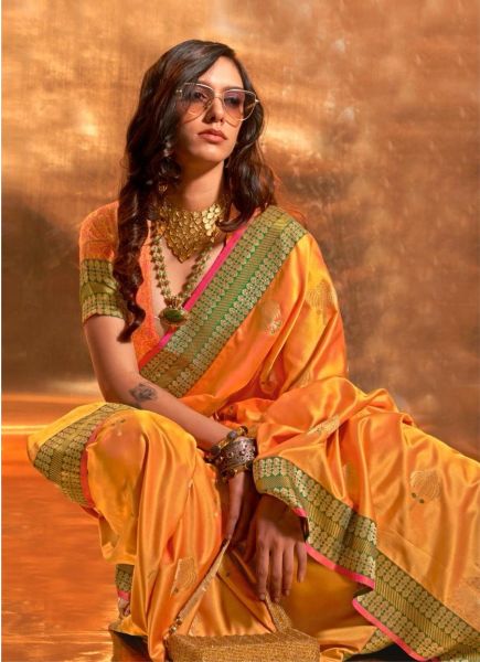 Orange Woven Handloom Satin Silk Saree For Traditional / Religious Occasions