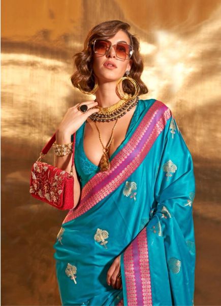 Aqua Woven Handloom Satin Silk Saree For Traditional / Religious Occasions