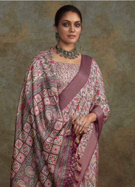 Pink Handloom Silk Digitally Printed Saree For Kitty Parties