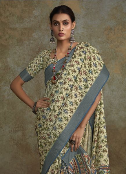 Light Sage Green Handloom Silk Digitally Printed Saree For Kitty Parties