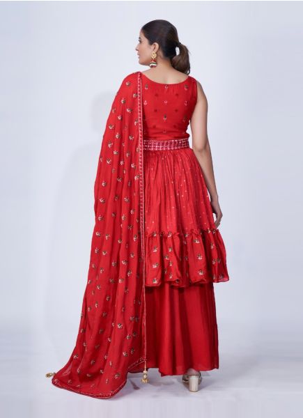 Red Chiffon Thread-Work Party-Wear Palazzo-Bottom Readymade Salwar Kameez