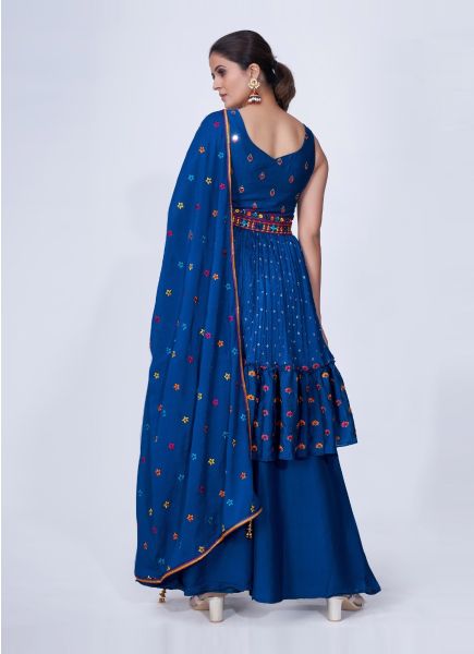 Blue Chiffon Thread-Work Party-Wear Palazzo-Bottom Readymade Salwar Kameez