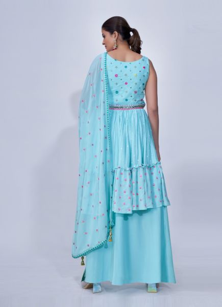 Sky Blue Chiffon Thread-Work Party-Wear Palazzo-Bottom Readymade Salwar Kameez