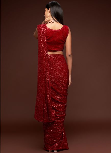 Red Georgette With Sequins Work Saree