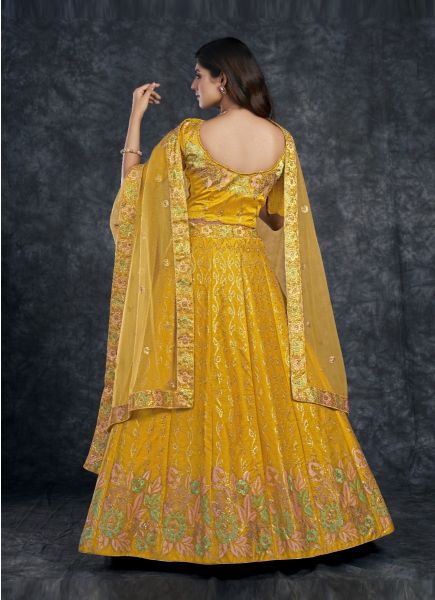Yellow Italian Silk With Diamond, Zari, Thread, Embroidery & Sequins-Work Party-Wear Lehenga Choli