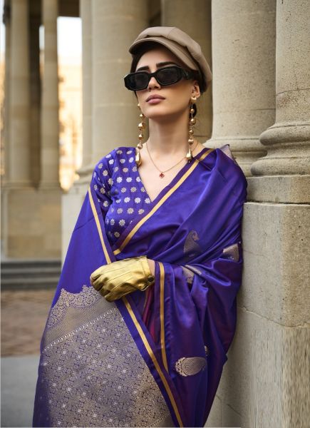 Violet Satin Woven Silk Party-Wear Handloom Saree