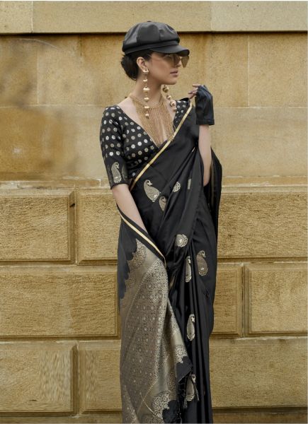 Black Satin Woven Silk Party-Wear Handloom Saree
