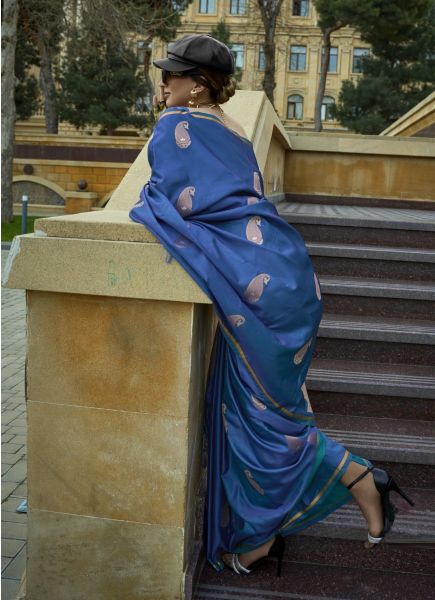 Royal Blue Satin Woven Silk Party-Wear Handloom Saree