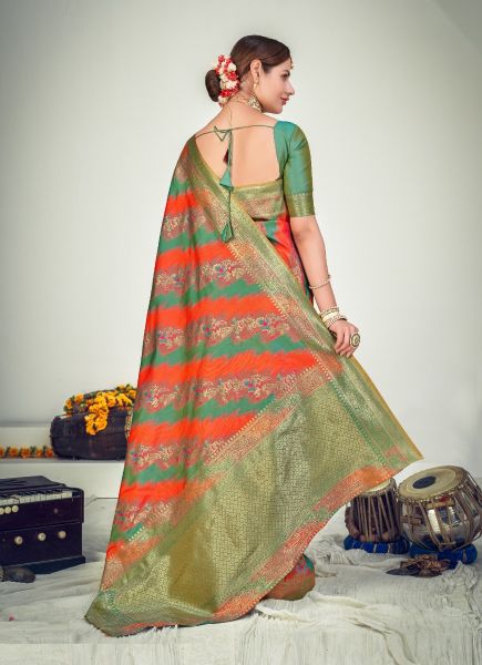 Orange & Green Banarasi Silk Zari Weaving Saree