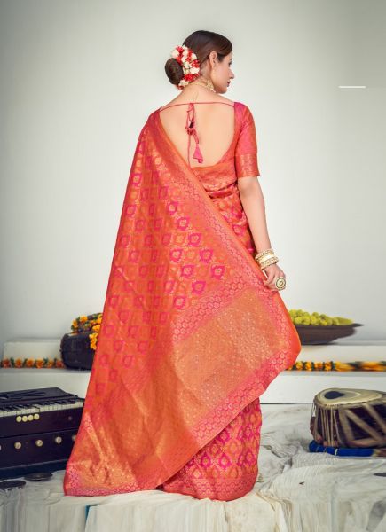 Deep Pink & Coral Banarasi Silk Zari Weaving Saree