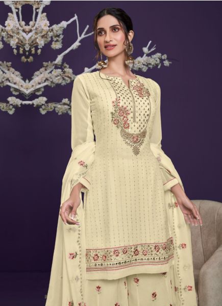 Cream Georgette With Thread Embroidery & Sequins Work Palazzo-Bottom Salwar Kameez