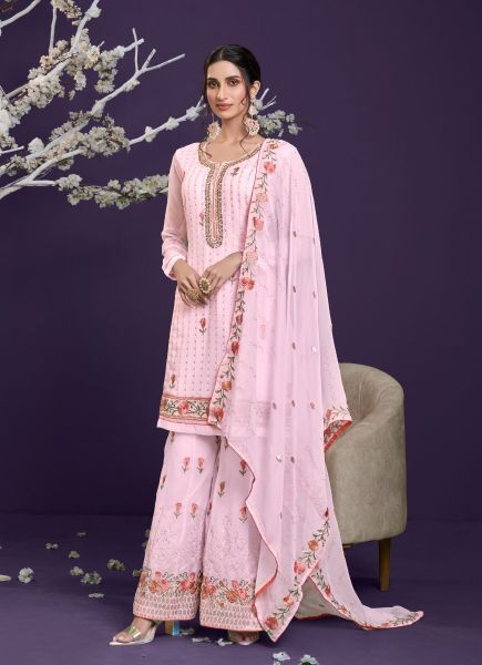 Pink Georgette With Thread Embroidery & Sequins Work Palazzo-Bottom Salwar Kameez