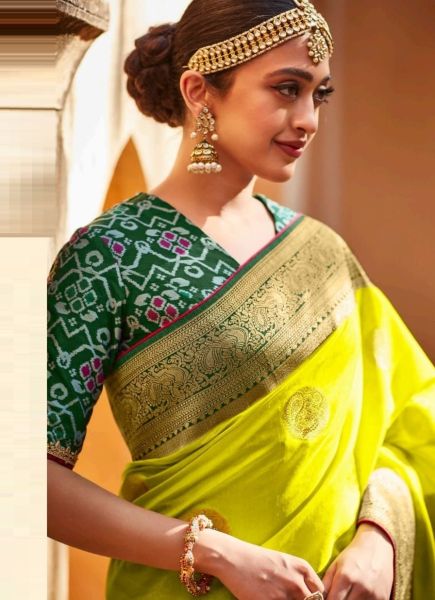 Lemon Yellow Patola Silk Saree With Designer Blouse