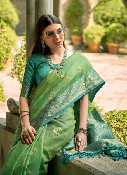 Light Green Woven Tissue Silk Saree For Traditional / Religious Occasions