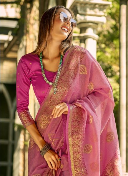 Pink Woven Tissue Silk Saree For Traditional / Religious Occasions