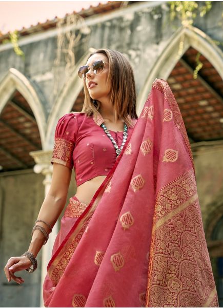 Light Coral Woven Tissue Silk Saree For Traditional / Religious Occasions