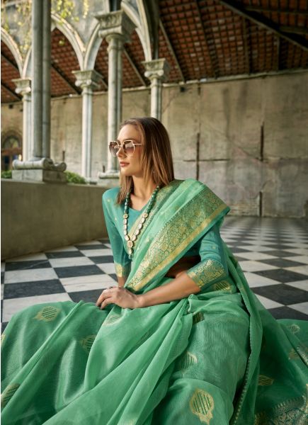 Mint Green Woven Tissue Silk Saree For Traditional / Religious Occasions
