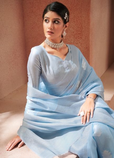 Light Sky Blue Modal Silk With Zari Weaving Saree