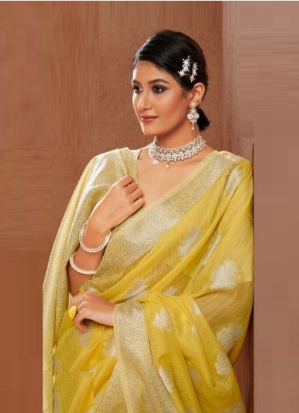 Yellow Modal Silk With Zari Weaving Saree