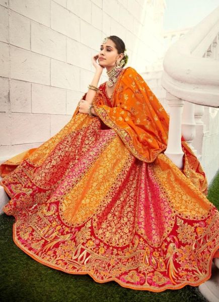 Orange & Red Banarasi Silk Jacquard Bridal Lehenga Choli