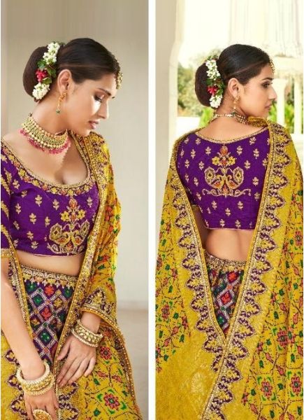 Yellow & Purple Banarasi Silk Jacquard Bridal Lehenga Choli
