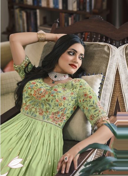 Light Green Pure Georgette With Heavy Embroidery Gown-Style Salwar Kameez