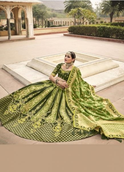 Olive Green Banarasi Silk Jacquard Bridal Lehenga Choli