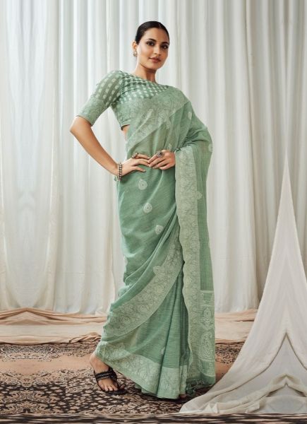 Mint Green Linen-Cotton Lakhnavi-Work Saree