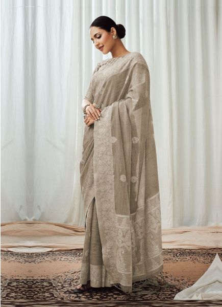 Gray Linen-Cotton Lakhnavi-Work Saree