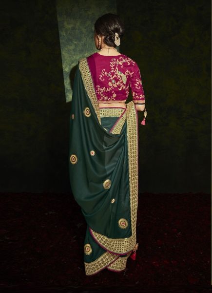 Dark Green Organza Silk Embroidery Wedding-Wear Saree