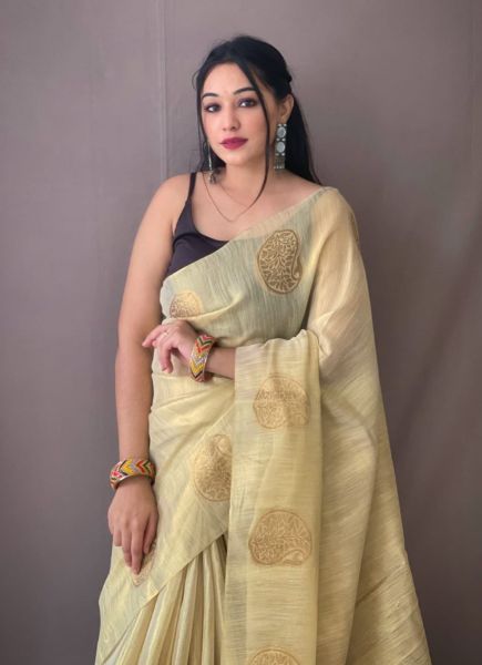 Cream Pure Tissue Silk With Zari Weaving Festive-Wear Saree