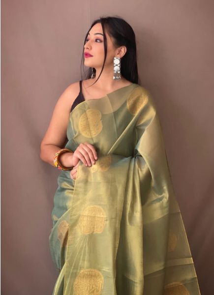 Sage Green Pure Tissue Silk With Zari Weaving Festive-Wear Saree