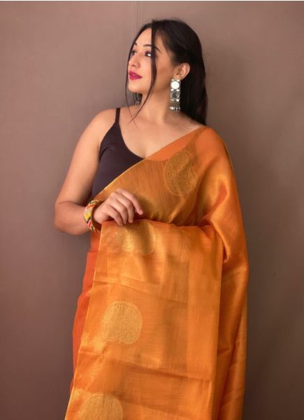 Orange Pure Tissue Silk With Zari Weaving Festive-Wear Saree