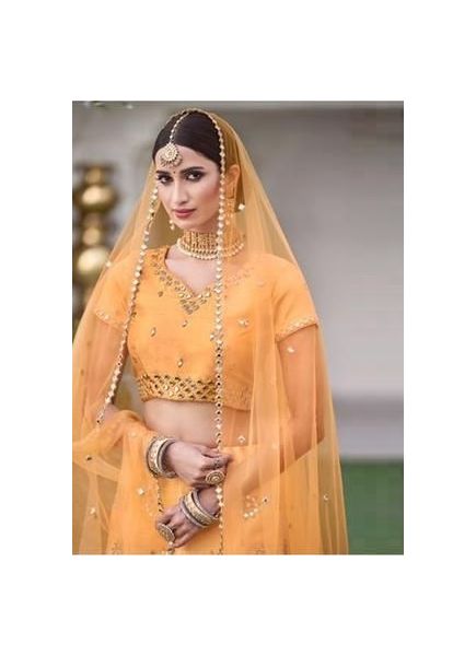 Orange Yellow Silk Mirror-work wedding-wear Bridal Lehenga Choli