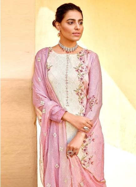 White & Pink Viscose Chinnon Chiffon With Embroidery Work Digital Printed Festive-Wear Pant-Bottom Salwar Kameez