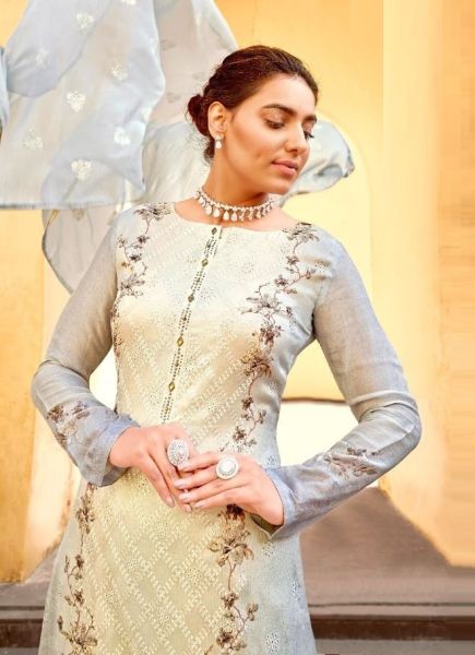 Cream & Gray Viscose Chinnon Chiffon With Embroidery Work Digital Printed Festive-Wear Pant-Bottom Salwar Kameez