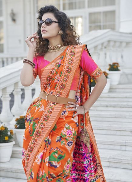 Orange Patola Silk Weaving Festive-Wear Saree
