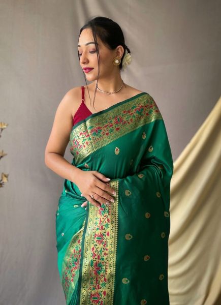 Green Paithani Silk Weaving Festive-Wear Saree