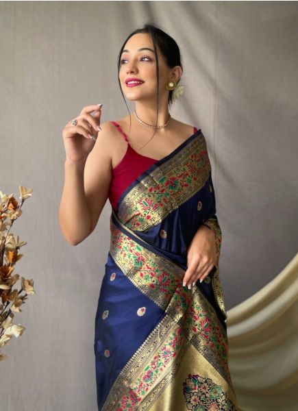 Blue Paithani Silk Weaving Festive-Wear Saree