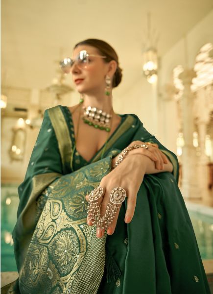 Green Woven Satin Jari Silk Party-Wear Saree