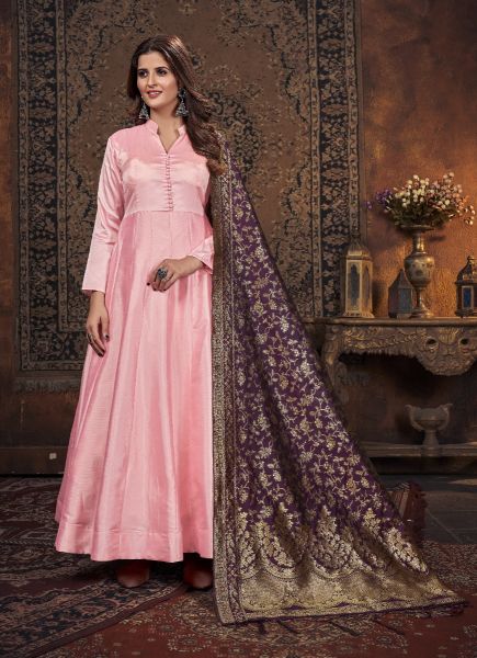 Baby Pink Art Silk Weaving Party-Wear Readymade Gown With Jacquard Dupatta