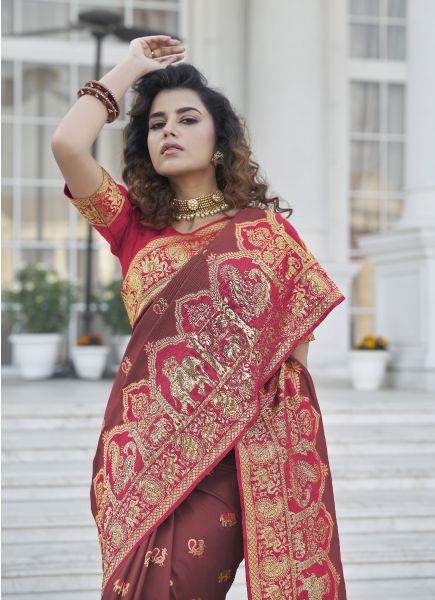 Maroon Banarasi Silk Weaving Festive-Wear Saree