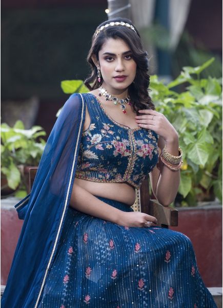 Dark Blue Pure Chinon with Sequins-Work & Digital Print Wedding-Wear Readymade Stylish Lehenga Choli