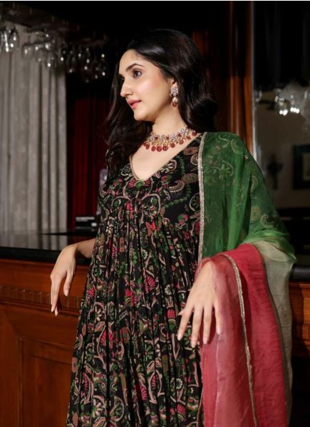 Black Muslin Silk Digitally Printed Party-Wear Anarkali Readymade Salwar Kameez