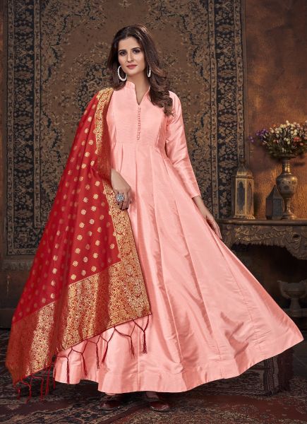Pink Art Silk Weaving Party-Wear Readymade Gown With Jacquard Dupatta
